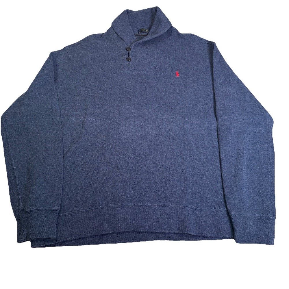 Polo Ralph‎ Lauren Sweatshirt Men XL Blue Excellent Shawl Collar Cotton Pullover